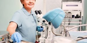 כירורג שד במרכז ניתן לראות אשת צוות רפואי עומדת בסביבת מכשירים רפואיים ובצד שמאל למטה לוגו אתר alooma